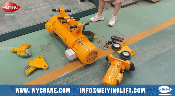 Double trolley electric wire rope hoist components before installation